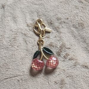 Coach Gold-Tone Red Glitter Cherry Key Charm with Green Leaves